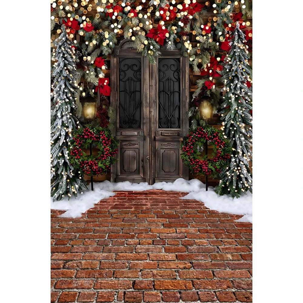 Christmas Photography Backdrop - Santa, Tree & Fireplace Winter Snow Wood Floor Portrait Background