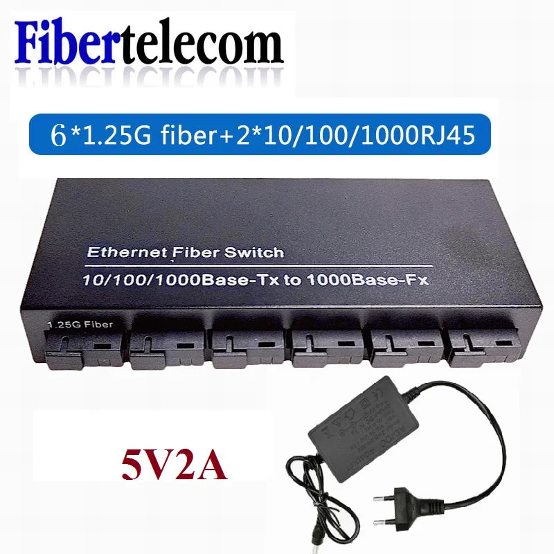 Gigabit Fiber Switch 6 x 1.25G Fiber Ports + 2 x 100/1000M RJ45 Media Converter SC Single-Mode 20km