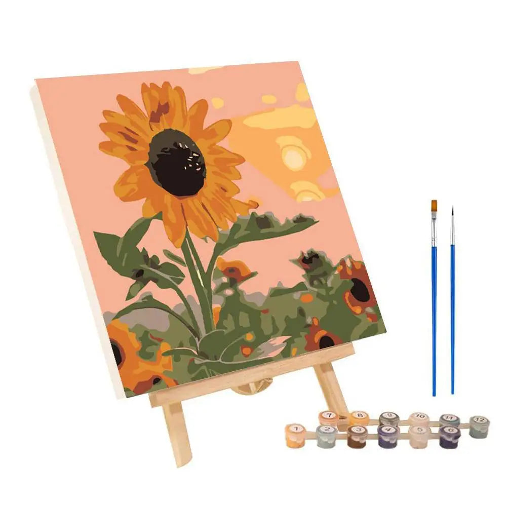 Framed Paint by Numbers Kit - Abstract Sunset Landscape, 20 x 20 cm (7.9 x 7.9 in) Canvas | DIY Gouache Painting Kit for Home Decor