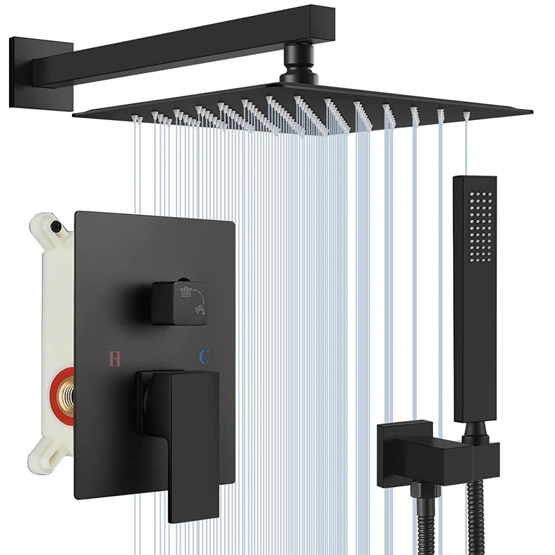 Matte Black Concealed In-Wall Rainfall Shower System with Tub Spout - Wall-Mount Mixer Faucet Set