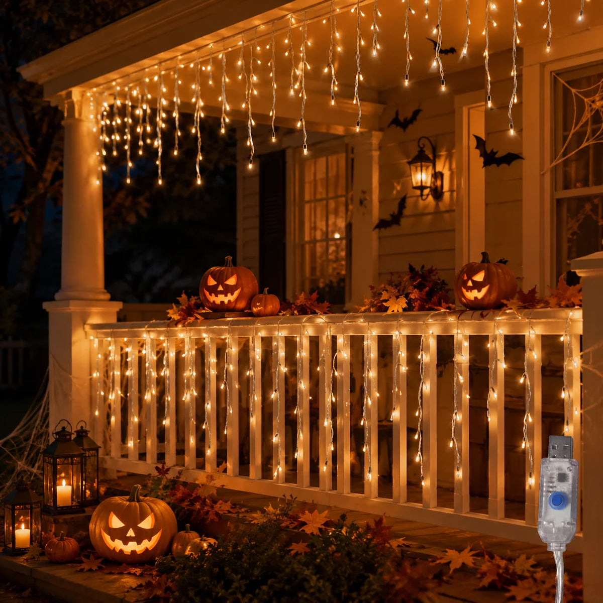 USB LED Icicle Curtain String Lights — 6M (19.7 ft) 100 LED & 10M (32.8 ft) 200 LED, 8 Modes for Window, Porch, Roof, Holiday & Halloween Christmas Decor