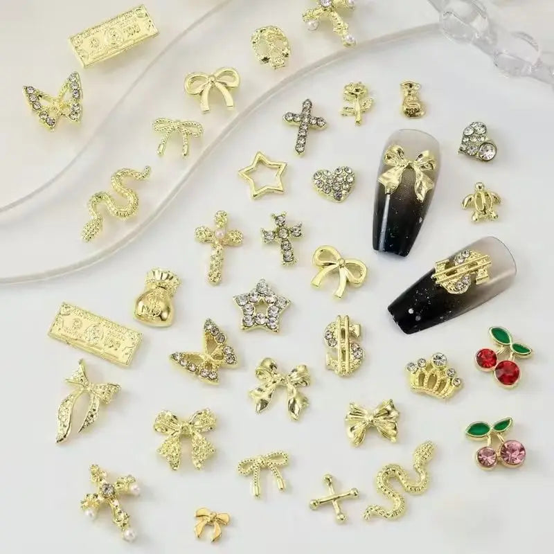 50-Pack Gold Alloy 3D Rhinestone Nail Charms – Cherry, Bow & Star Metal Nail Art Decorations for DIY Manicure