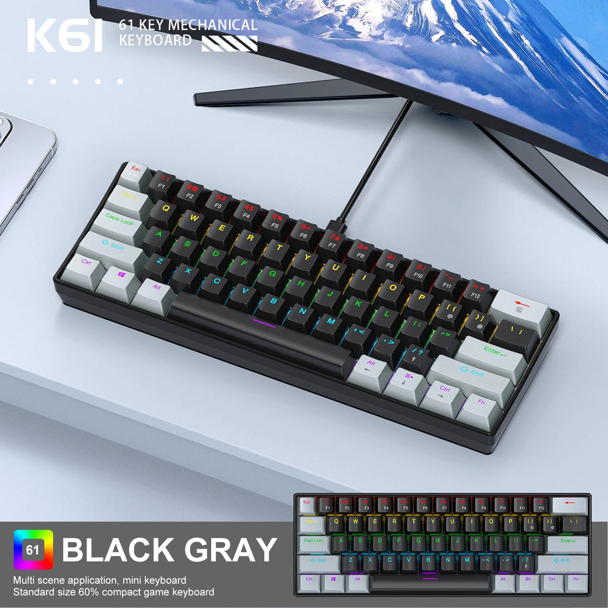 60% 61-Key Mechanical Keyboard Wired RGB – Compact Gaming Keyboard with Red/Blue Switches (Black, White)