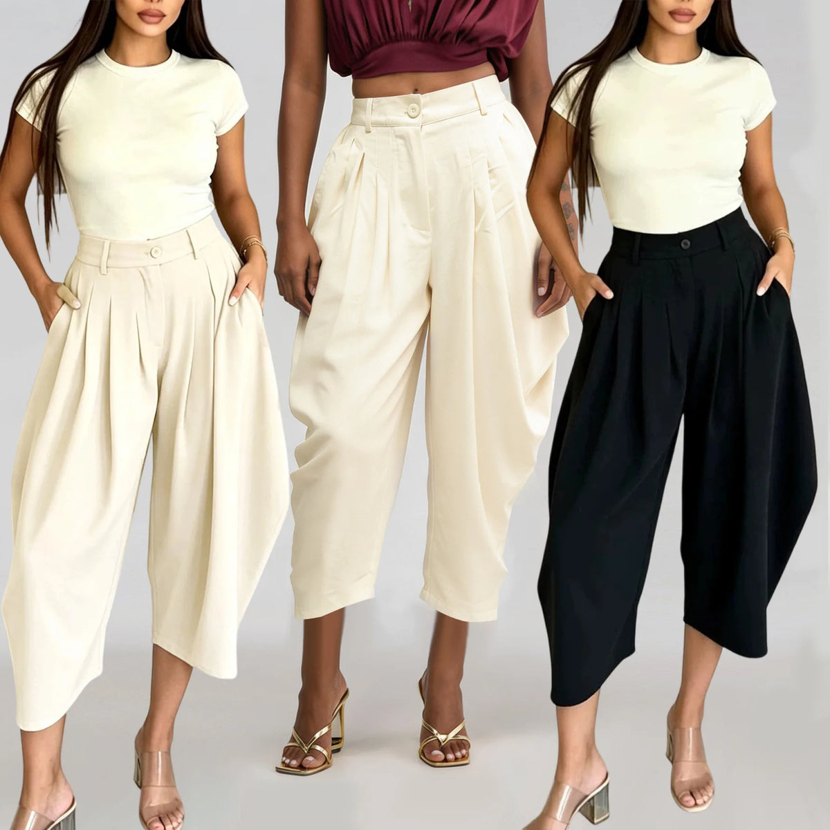 Women's High-Waist Summer Wide-Leg Casual Pants Loose Calf-Length