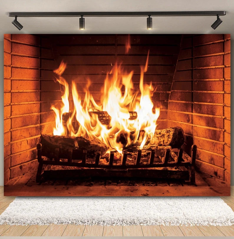 Christmas Fireplace Photography Backdrop - Burning Firewood Flame Brick Wall Photo Studio Background