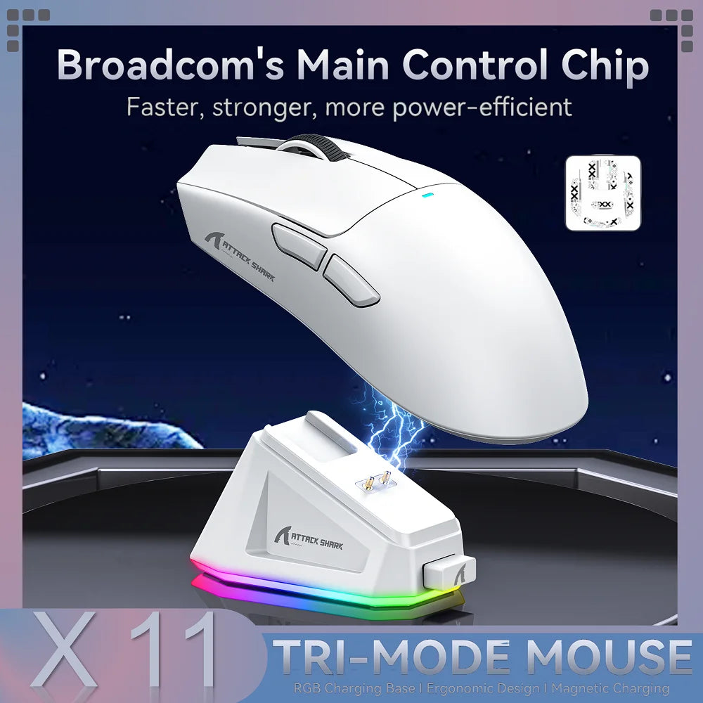 Mini Rechargeable Gaming Mouse — Up to 22,000 DPI, PAW3311 Sensor, Wired / 2.4G / Bluetooth 5.2 with Magnetic RGB Charging Base