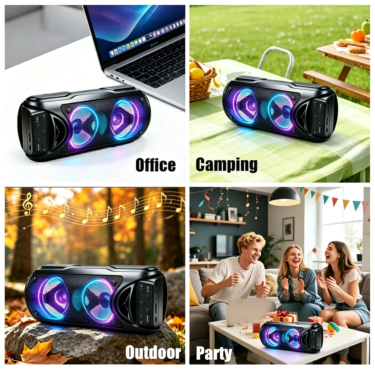 Portable Bluetooth Speaker with Multi-Color LED Lights, TF Card, USB-C & FM Radio — Party & Outdoor Speaker