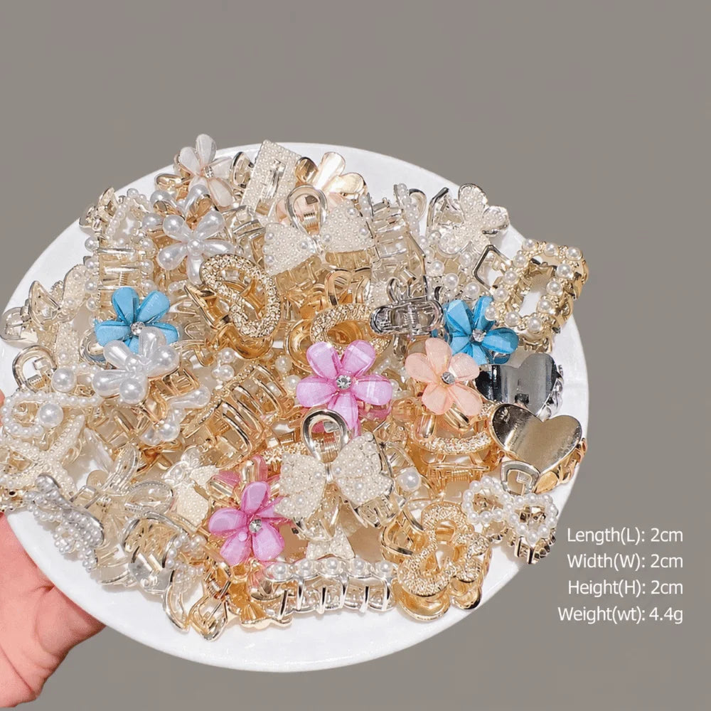 10/20 Pack Gold Mini Metal Hair Claw Clips with Rhinestones, Assorted Shapes Decorative Barrettes for Side Bangs & Thin Hair