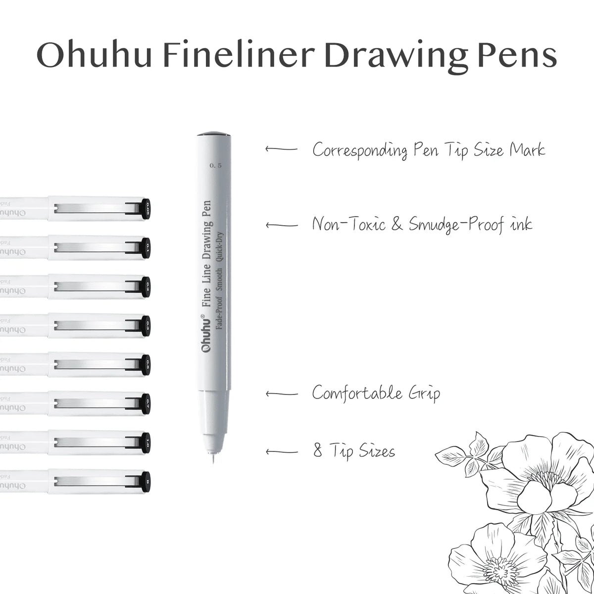 Micro Fineliner Pen Set 8-Pack, Ultra-Fine to Brush Tips, Waterproof Black Ink for Drawing, Sketching, Journaling and Manga