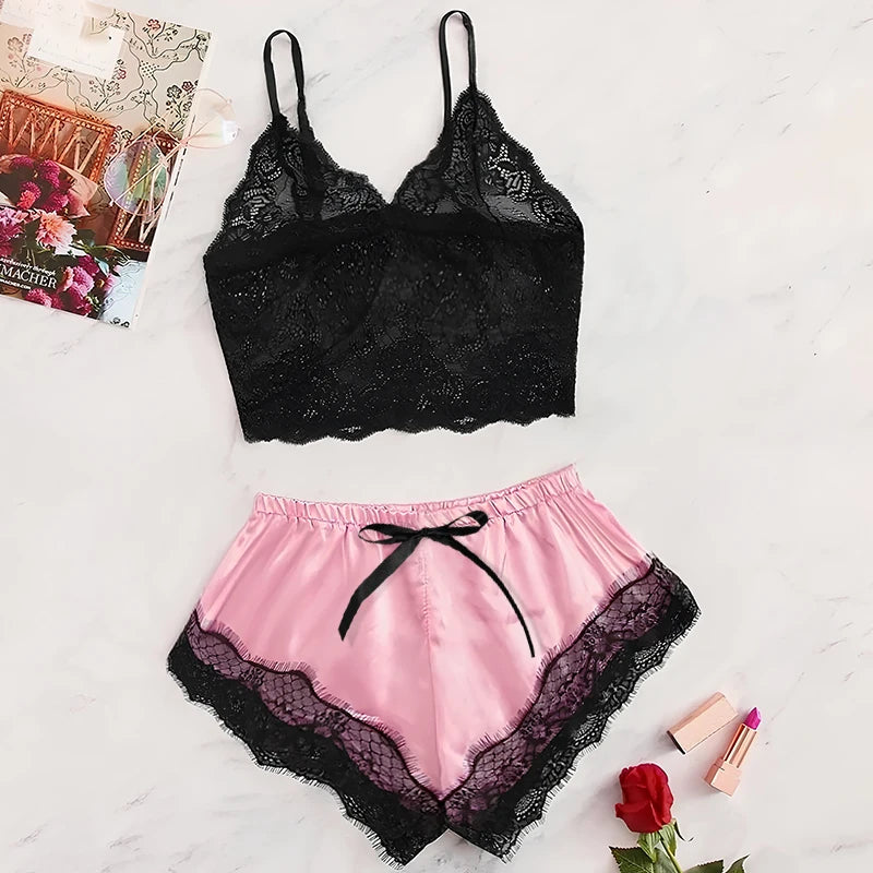 2-Piece Women's Lace Sheer Pajama Set - Breathable Suspender Camisole and Shorts, Black and Pink