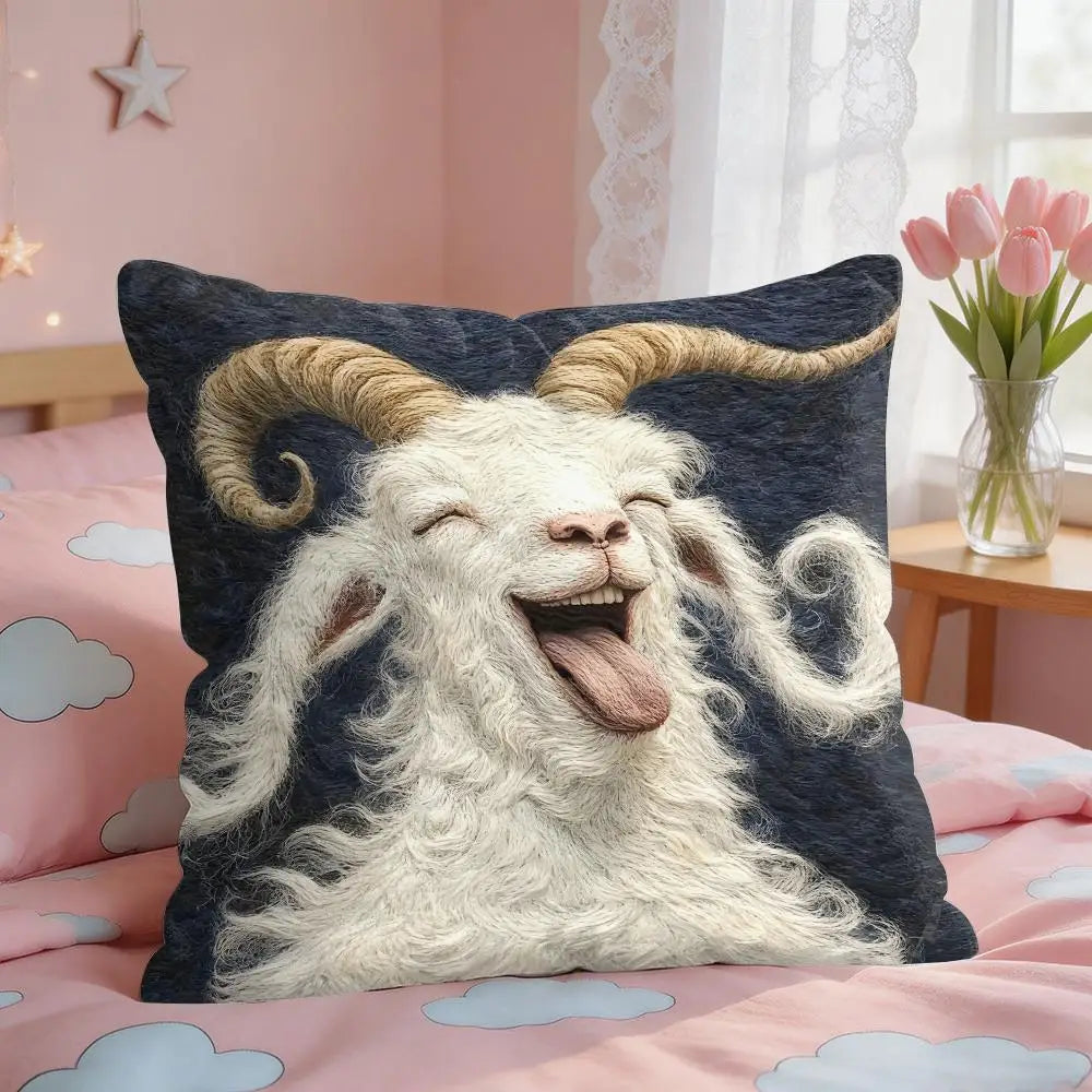Spooky Goat Face 2D Short Plush Square Cushion Cover 16x16 in (40x40 cm) Sofa Throw Pillow Case