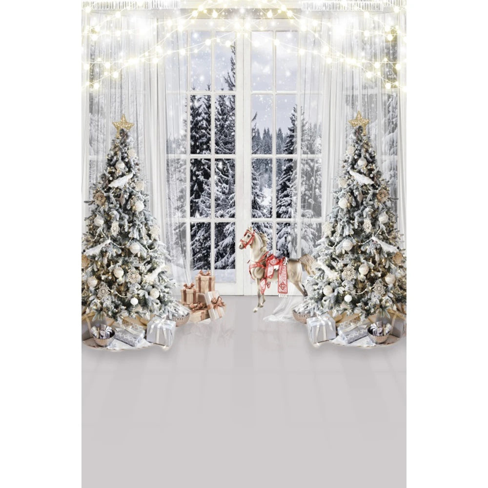 Christmas Photography Backdrop - Santa, Tree & Fireplace Winter Snow Wood Floor Portrait Background