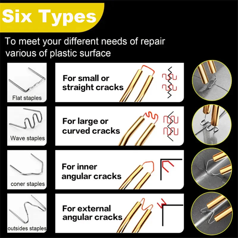 Auto Plastic Repair Staple Kit 100–600 pcs | 6 Types 0.6/0.8 mm Tungsten Steel Hot Stapler Nails for Car Bumper & Plastic Welding