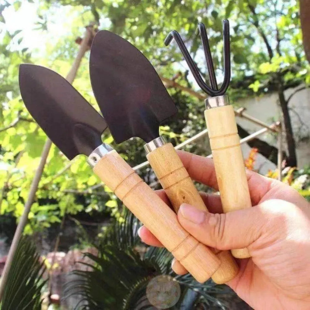 3-Piece Mini Indoor Planting Tool Set - Hand Trowel, Rake & Fork with Wooden Handles, Portable Gardening Tools for Small Plants