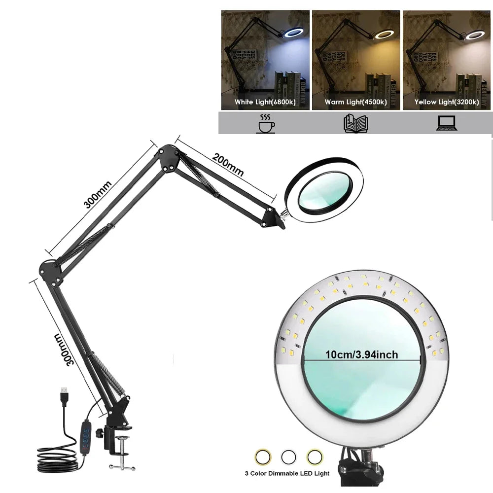 72-LED 8X/10X USB Illuminated Magnifying Lamp — 3-Color Adjustable LED Magnifier with Clamp for Soldering, Crafts, Repair & Skincare