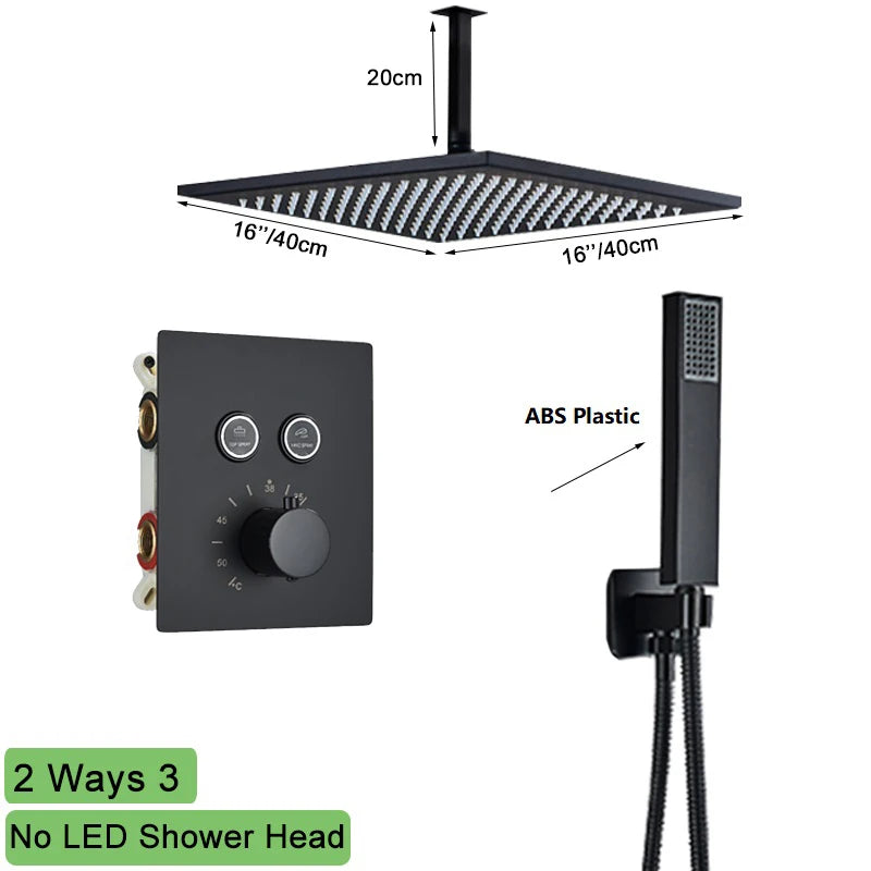 Big Black Thermostatic Ceiling-Mounted Rainfall Shower System with Hand Shower – Thermostatic Mixer Tap, 150 cm (59 in) Hose, 400+ mm (15.7+ in) Rain Head