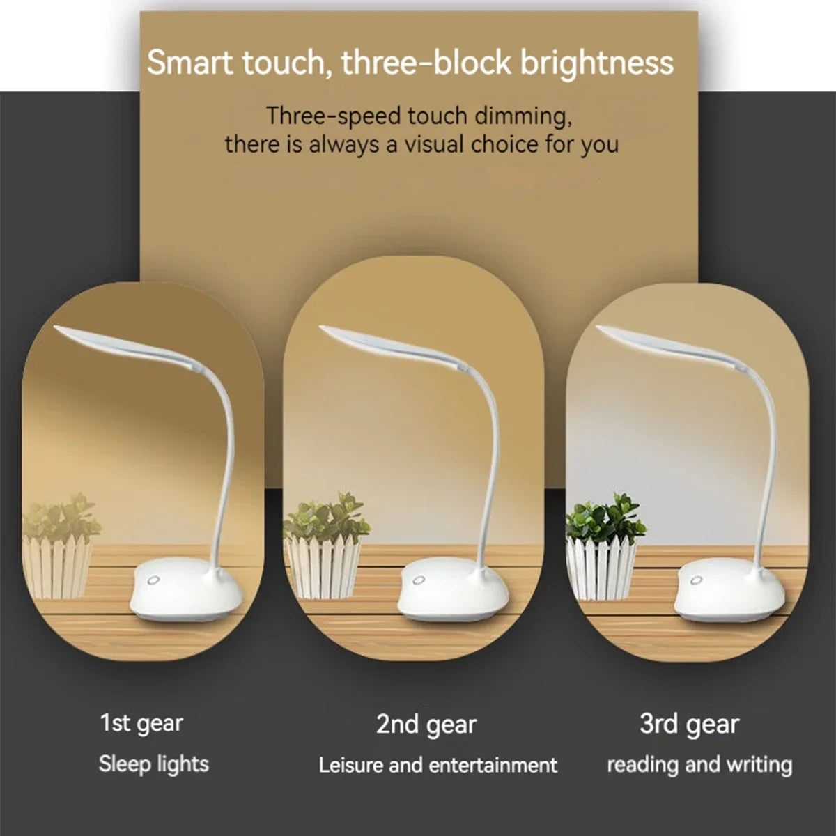 LED Reading Desk Lamp Portable USB Rechargeable Touch Dimmable Eye-Care Table Lamp 360° Adjustable for Office & Study