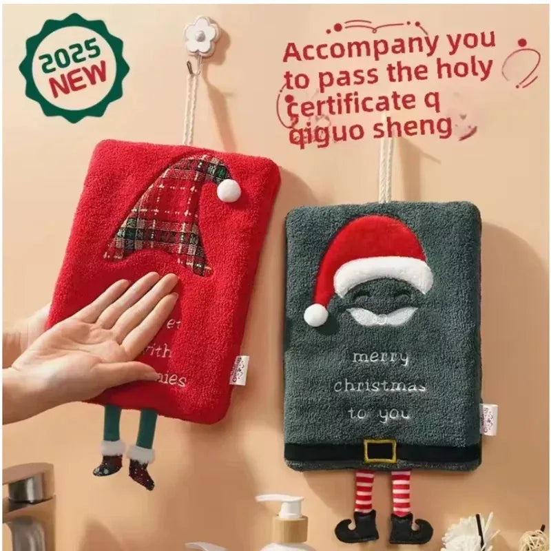 Christmas Hanging Coral Fleece Hand Towel - Thick, Absorbent & Quick-Dry Cartoon Kitchen Towel