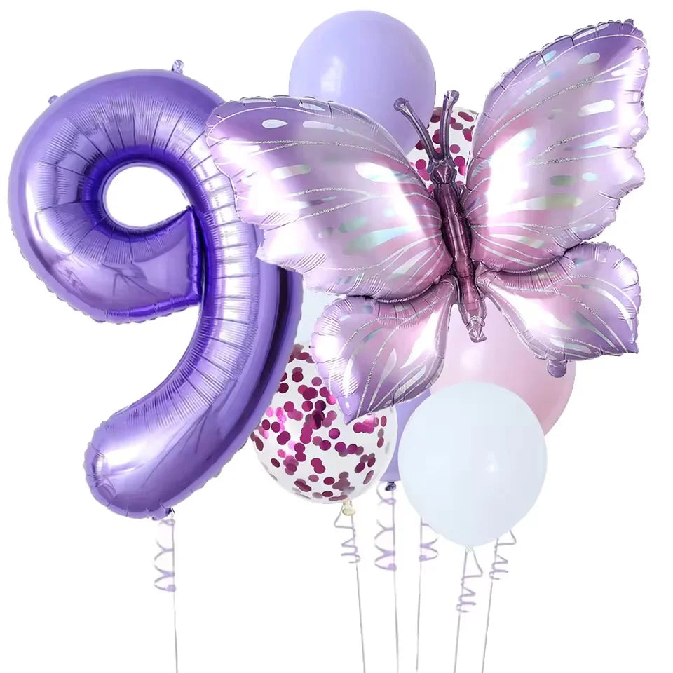10-Pack Purple Butterfly & Number Foil Balloon Set 32-inch (81 cm) Party Decorations for Baby Shower, Birthday, Wedding, Christmas