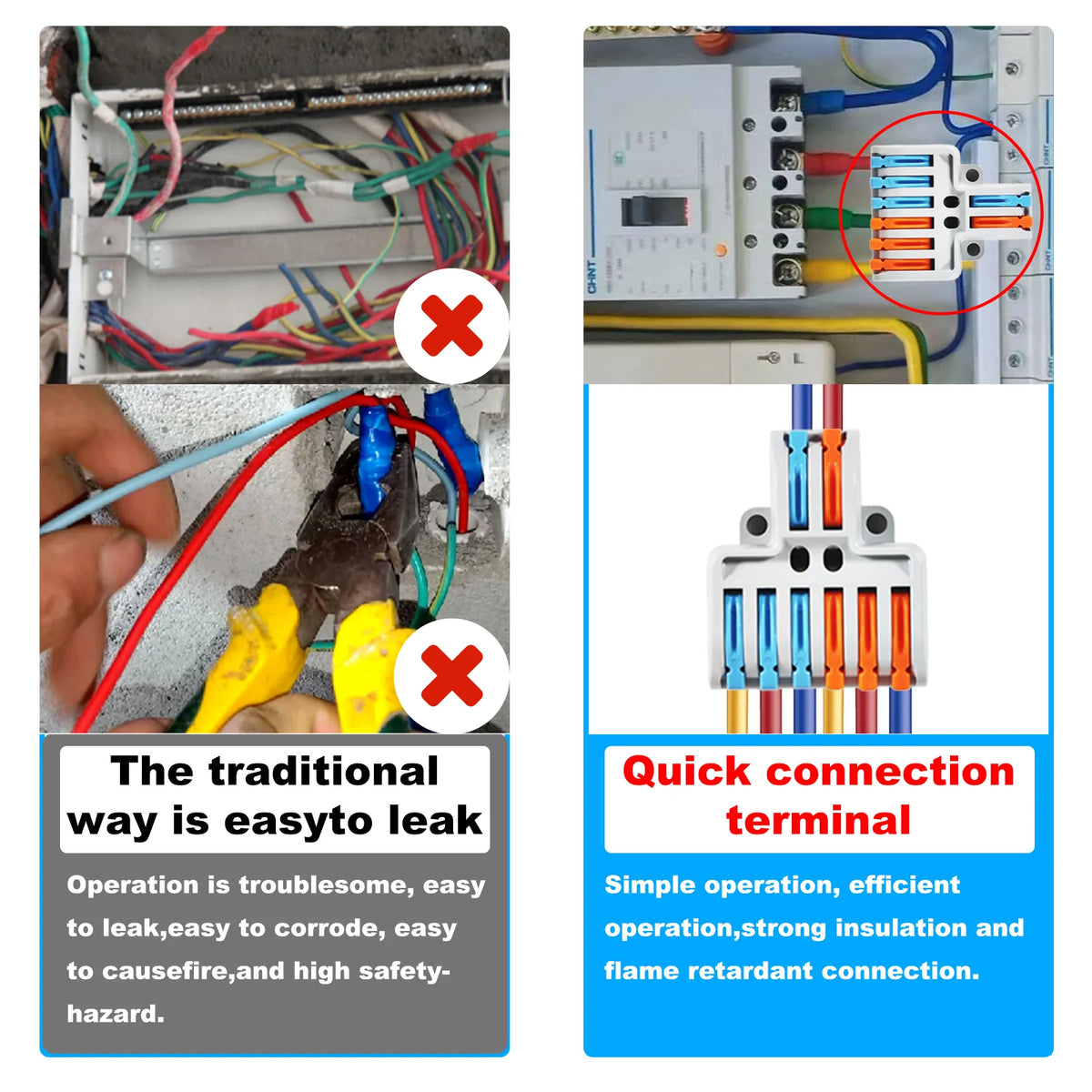 Comparison of traditional wiring methods versus quick connection terminal benefits