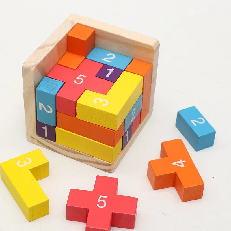 Colorful Wooden Luban Lock Cube 3D Puzzle - Classic Interlocking Brain Teaser for Kids & Adults