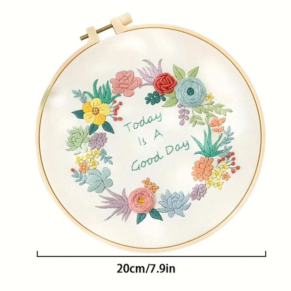 Floral Embroidery Starter Kit for Beginners 20 x 20 cm (7.87 x 7.87 in) DIY Sewing Craft Set with Hoop, Needles & Threads