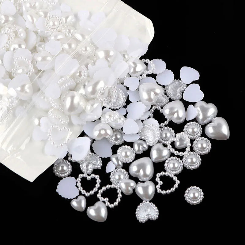 500pcs White Nail Charms & Pearls — Mixed Shapes (Heart, Bowknot, Star, Teardrop) Rhinestones for Nail Art & DIY Crafts