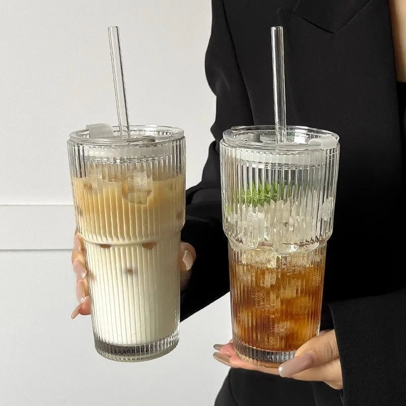 Vertical Ribbed Glass Tumbler 600ml (20.3 fl oz) with Lid & Straw — High-Temperature Resistant, Leak-Proof Office Coffee Cup