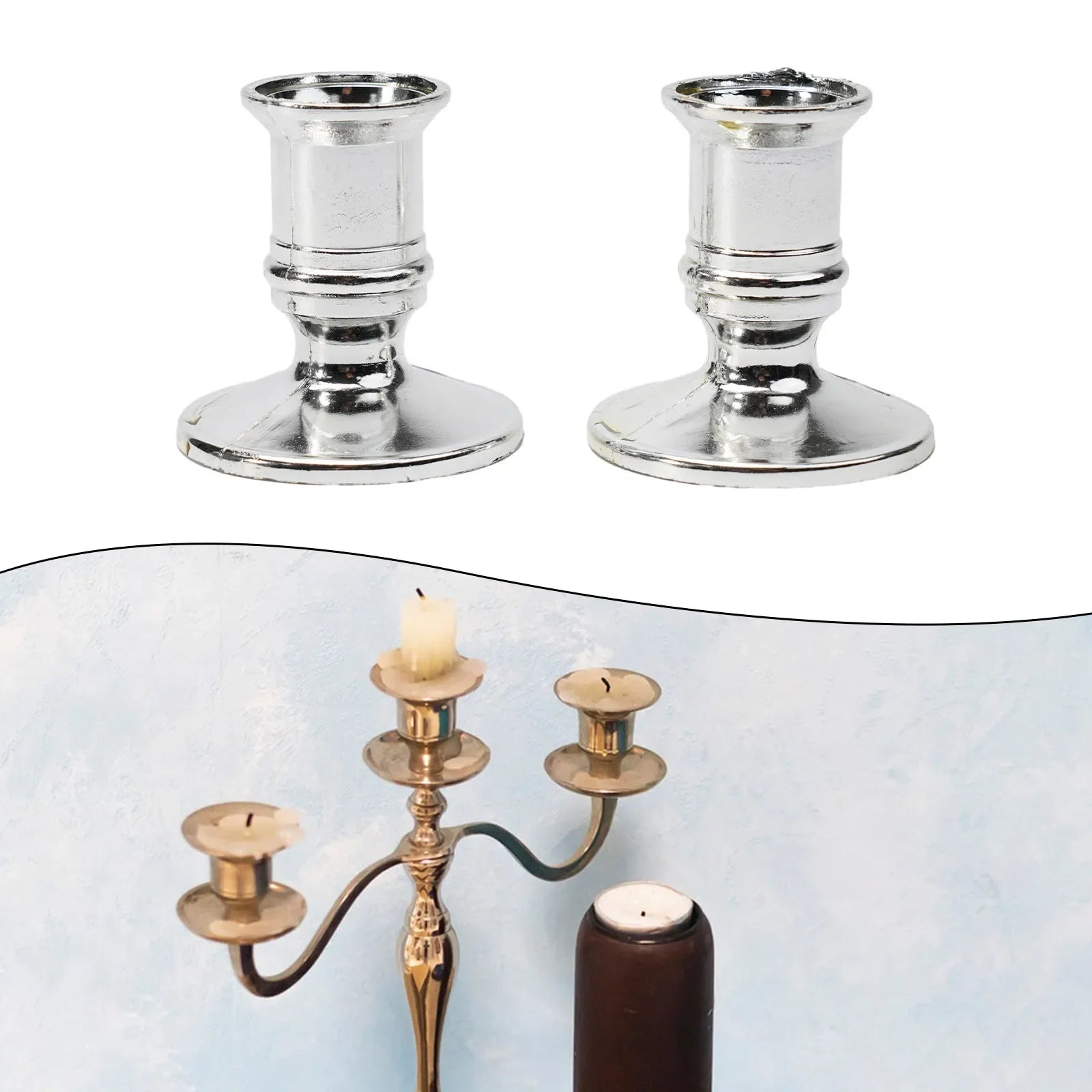 2-Pack Taper Candle Holder Bases – Silver & Gold Plastic Candlestick Stands for Taper/Electric Candles, Wedding & Home Decor