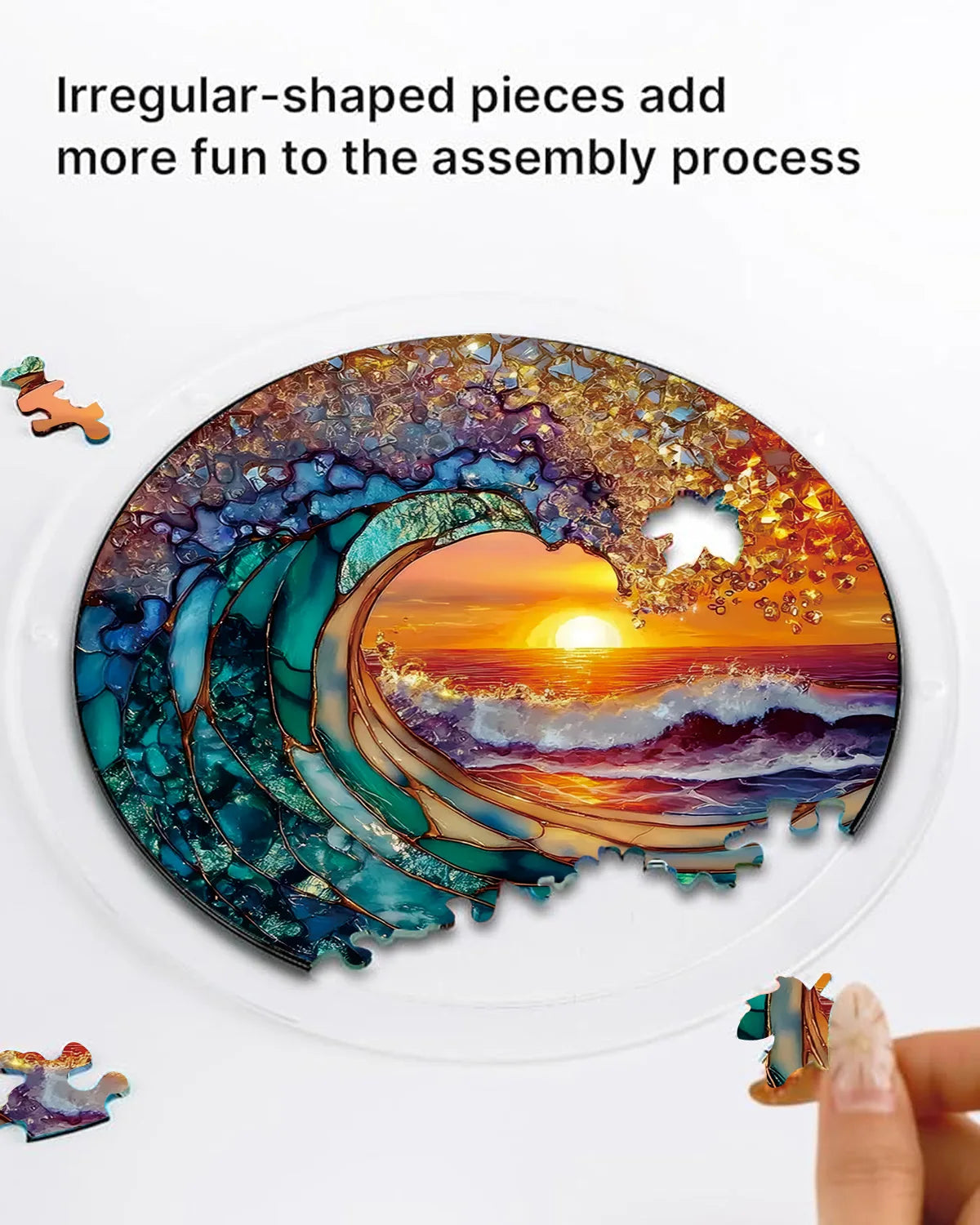 Ocean Wave Sunset Acrylic Suncatcher Puzzle – Stained Glass Style Window Hanging Decor Kit with Chain