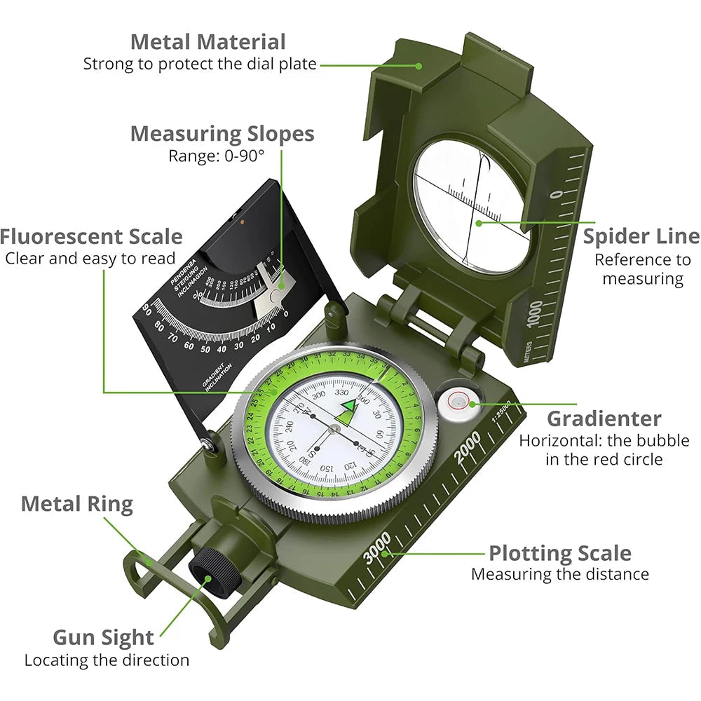 FanzyMarket waterproof military compass with fluorescent dial, high-precision metal compass for camping and hiking adventures.