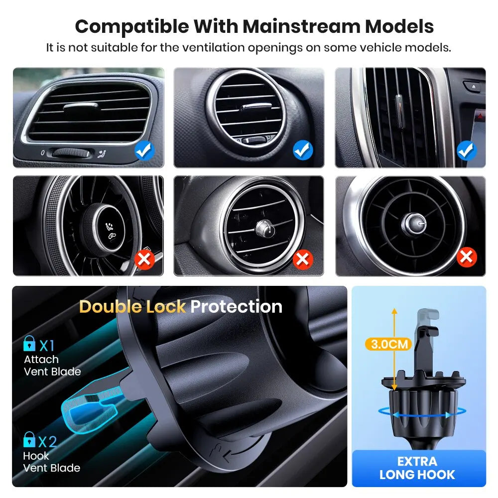 Universal Car Air Vent Phone Mount – Hands-Free Clamp Holder for 4–7 in (10–18 cm) Smartphones, 360° Rotating