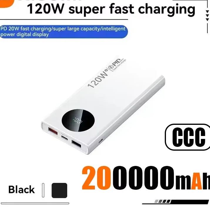 120W Fast Charging Power Bank – 50,000 / 100,000 / 200,000 mAh Portable Charger with Built-In Cable, USB-C & Dual USB, LED Display