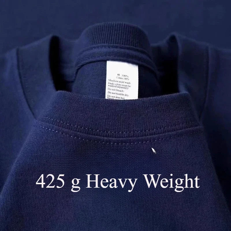 Men's Heavyweight Cotton T-Shirt 425g Breathable Half Sleeve Round Neck Basic Summer Tee