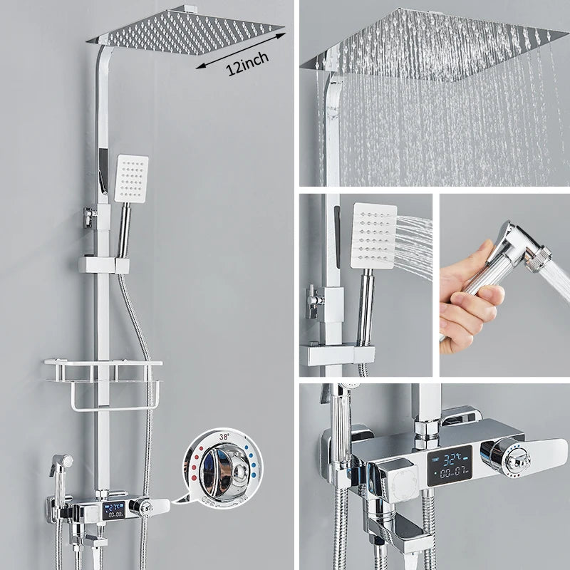 Black Thermostatic Shower Mixer with Digital Display, 4-Way Valve, 8-Inch (20 cm) Rainfall Head & Shelf