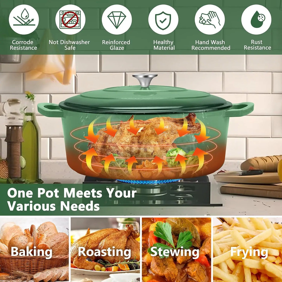 7 Qt (6.6 L) Oval Enameled Cast Iron Dutch Oven with Lid — Oven & Stovetop Safe for Bread Baking, Braising, Stewing & Frying