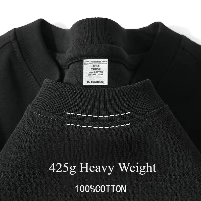 Men's Heavyweight Cotton T-Shirt 425g Breathable Half Sleeve Round Neck Basic Summer Tee