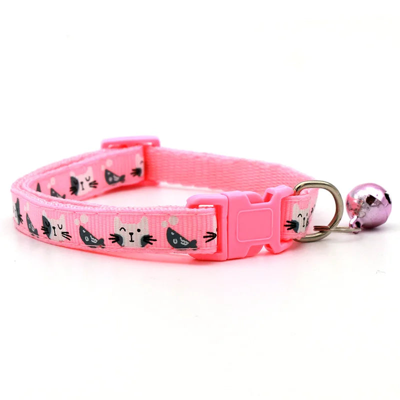 Adjustable Cat & Small Pet Collar with Bell — Colorful Cat Pattern, 19–32 cm (7.5–12.6 in), 1 cm (0.39 in) Width