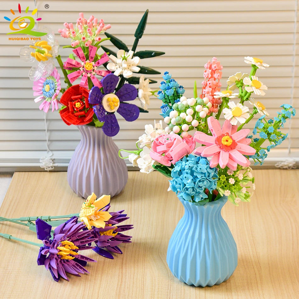 MOC Flower Building Blocks 3D Bouquet Kit - Sunflower & Rose DIY Brick Set, Small LEGO-Compatible Pieces, Educational Toy & Home Decor