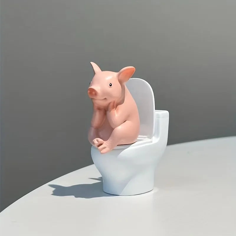 Resin Pig Figurine on Toilet - Quirky Desk, Shelf & Wall Decor for Home Office