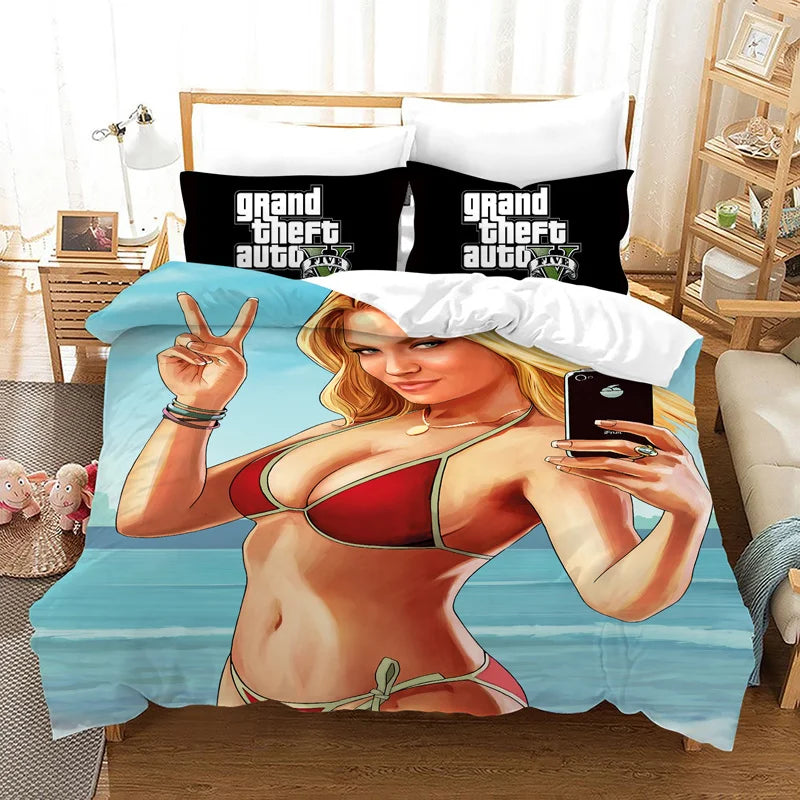 GTA V Cartoon 3-Piece Bedding Set — Printed Duvet Cover & 2 Pillowcases, Twin to King (68×86–104×90 in / 172×218–264×228 cm)