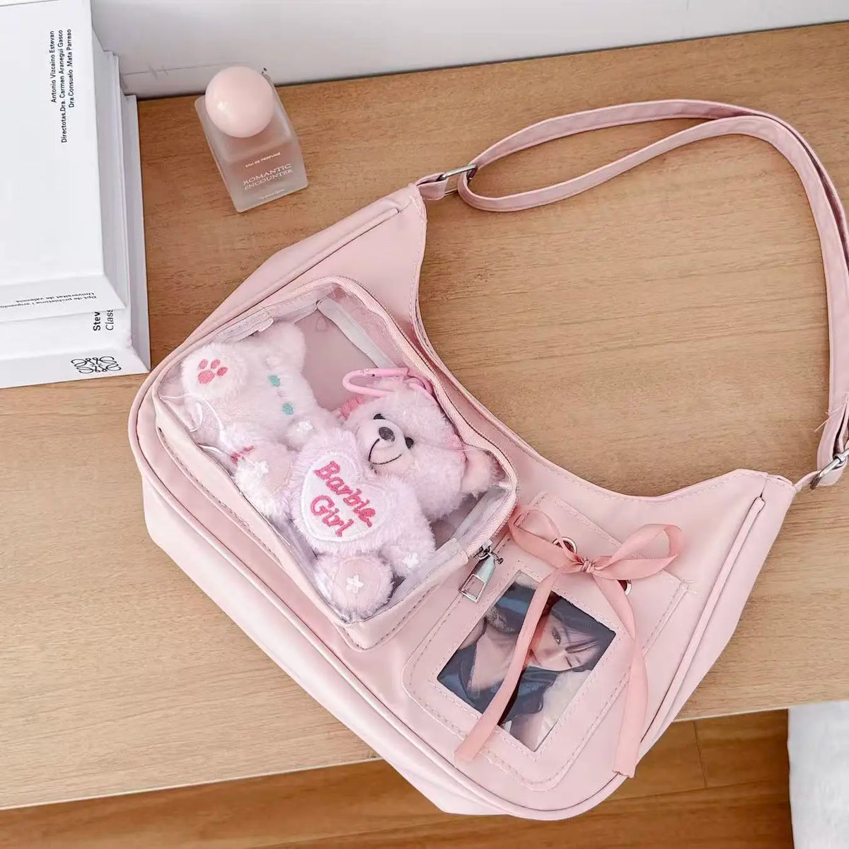 Harajuku Transparent Ita Shoulder Bag with Bow Accent – Korean Preppy School Crossbody Purse, Adjustable Strap