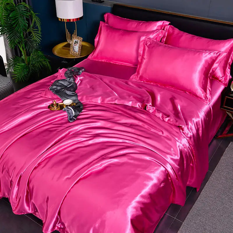Ice Silk Satin 4-Piece Duvet Cover Set – Silky Solid Color Bedding (Duvet Cover + 2 Pillowcases + Sheet), Fits 1.5–2.2 m (5–7 ft) Beds
