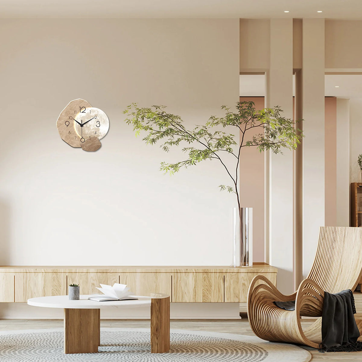 Moon Design Silent Quartz Wall Clock 13.7 in (34.7 cm) Bamboo Wood Modern Minimalist for Bedroom Living Room Office