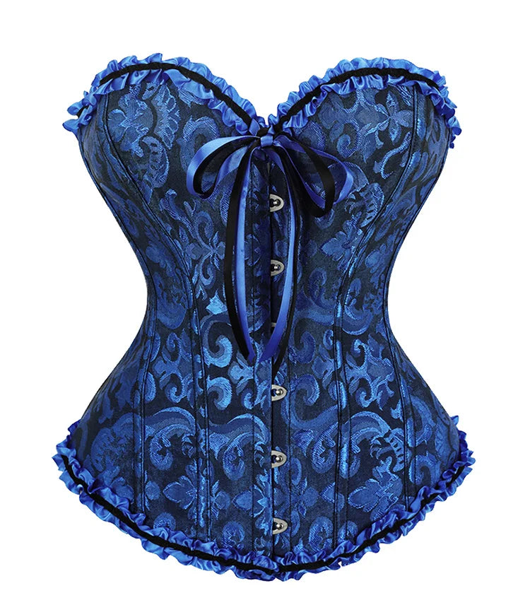 Women's Victorian Gothic Overbust Corset Bustier - Jacquard Brocade Front Busk Waist Cincher