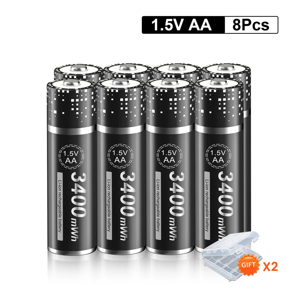 Rechargeable AA 1.5V Li-Ion Battery 3400 mWh (≈2267 mAh) Long-Lasting Power for Clocks, Wireless Mice and Toys