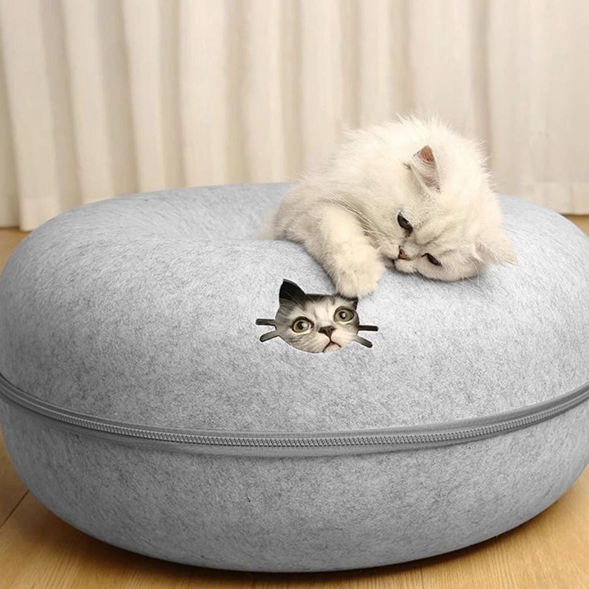 2-in-1 Felt Donut Cat Bed & Tunnel — Foldable Felt Nest with Breather Hole — M 50x50x20 cm (19.7x19.7x7.9 in) / L 60x60x28 cm (23.6x23.6x11.0 in)