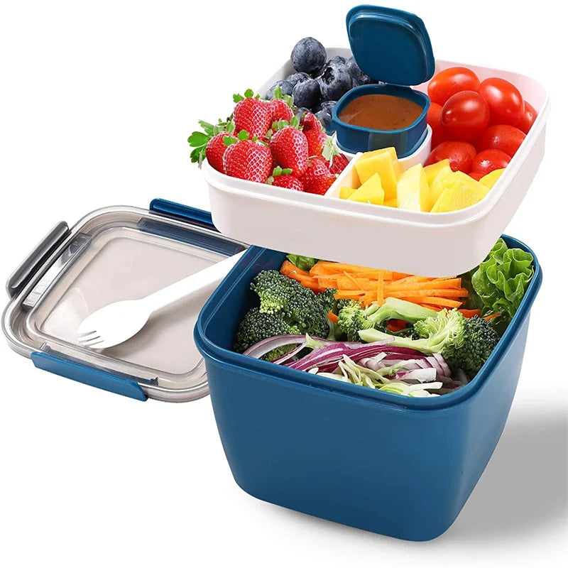 38 oz (1.12 L) Portable Salad Lunch Bowl - 3-Compartment Leakproof Bento Box with Dressing Cup & Utensil