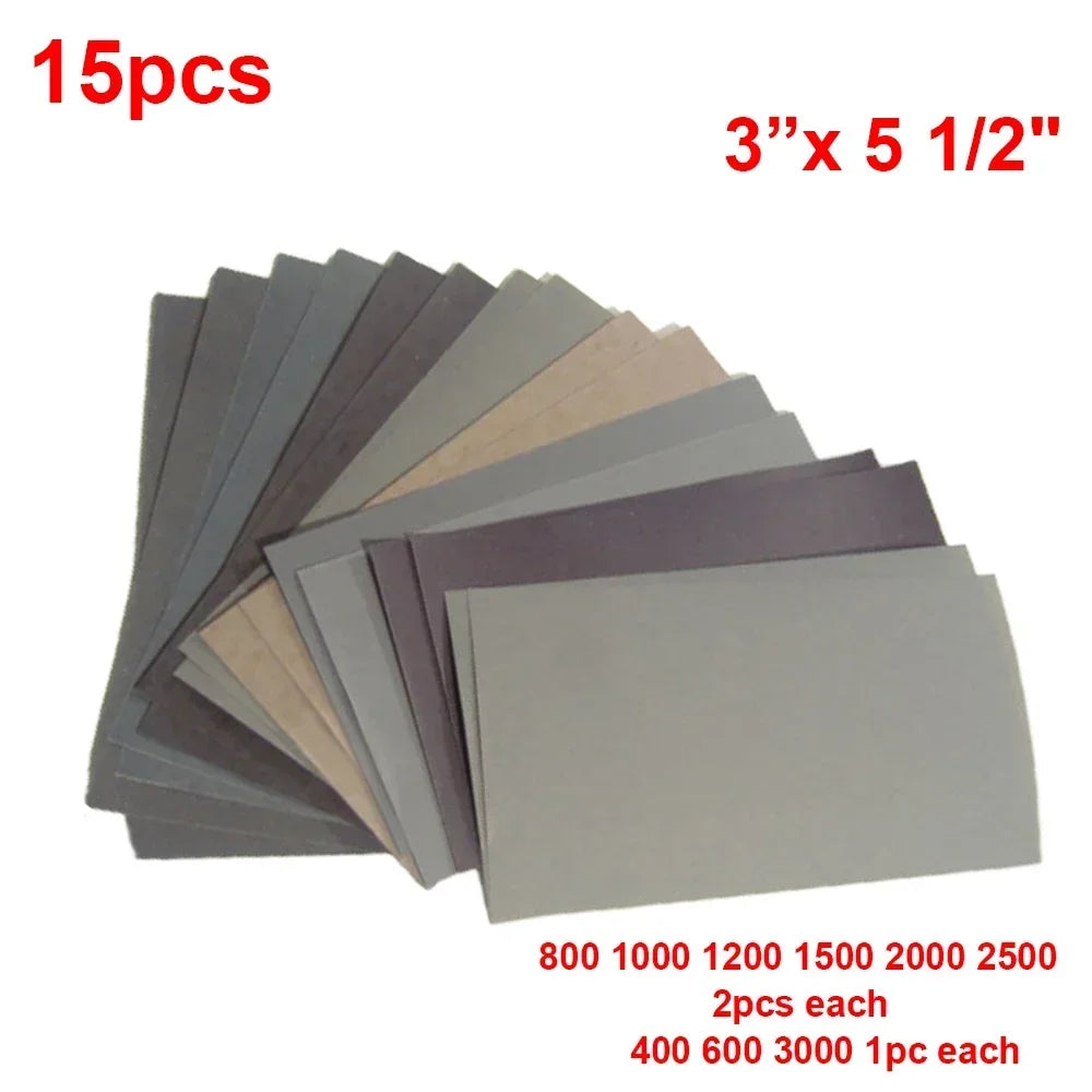 15-Pack Wet/Dry Sandpaper Set – Silicon Carbide Abrasive Sheets, Grits 400–3000