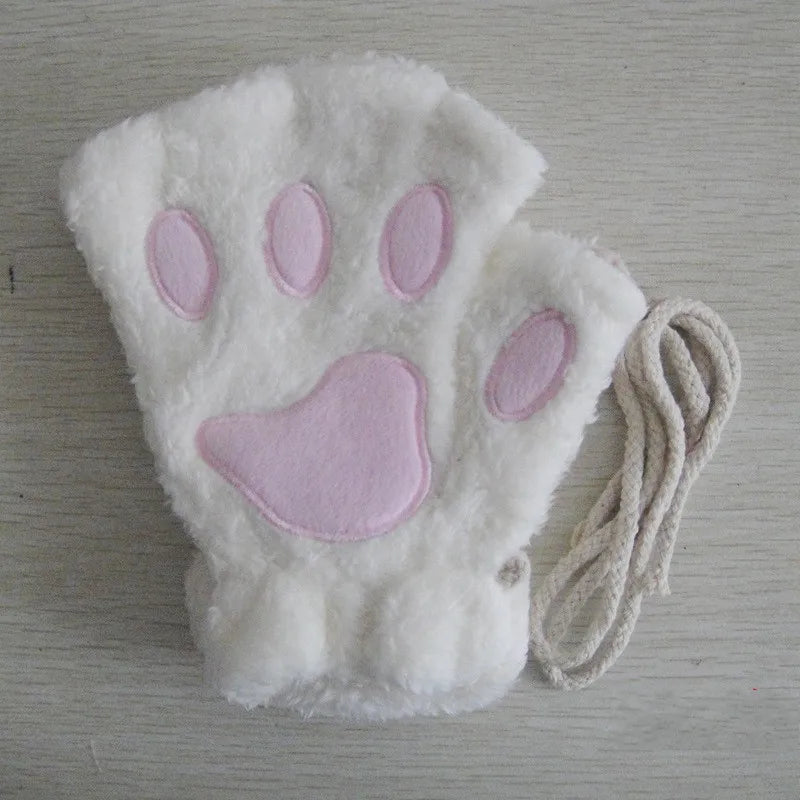 Cute Cat Paw Fingerless Mittens Plush Half-Finger Warm Fluffy Gloves for Women & Unisex